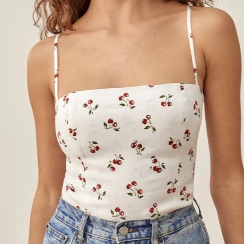 Reformation White Cherry Print Square Neck Tank